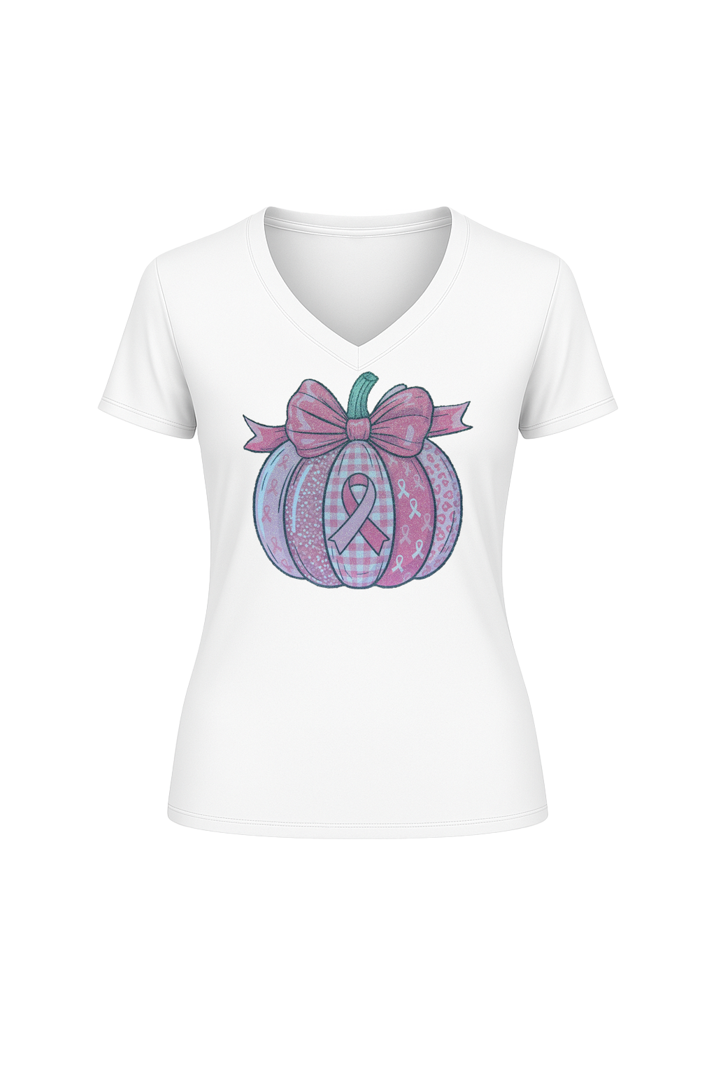 Glitter Breast Cancer Pumpkin Short Sleeve V-Neck Tee