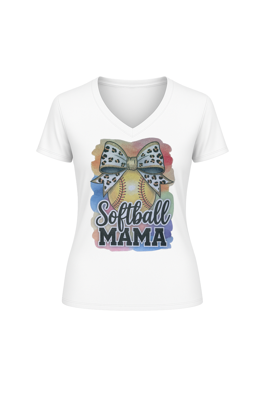 Glitter Watercolor Softball Mama Short Sleeve V-Neck Tee