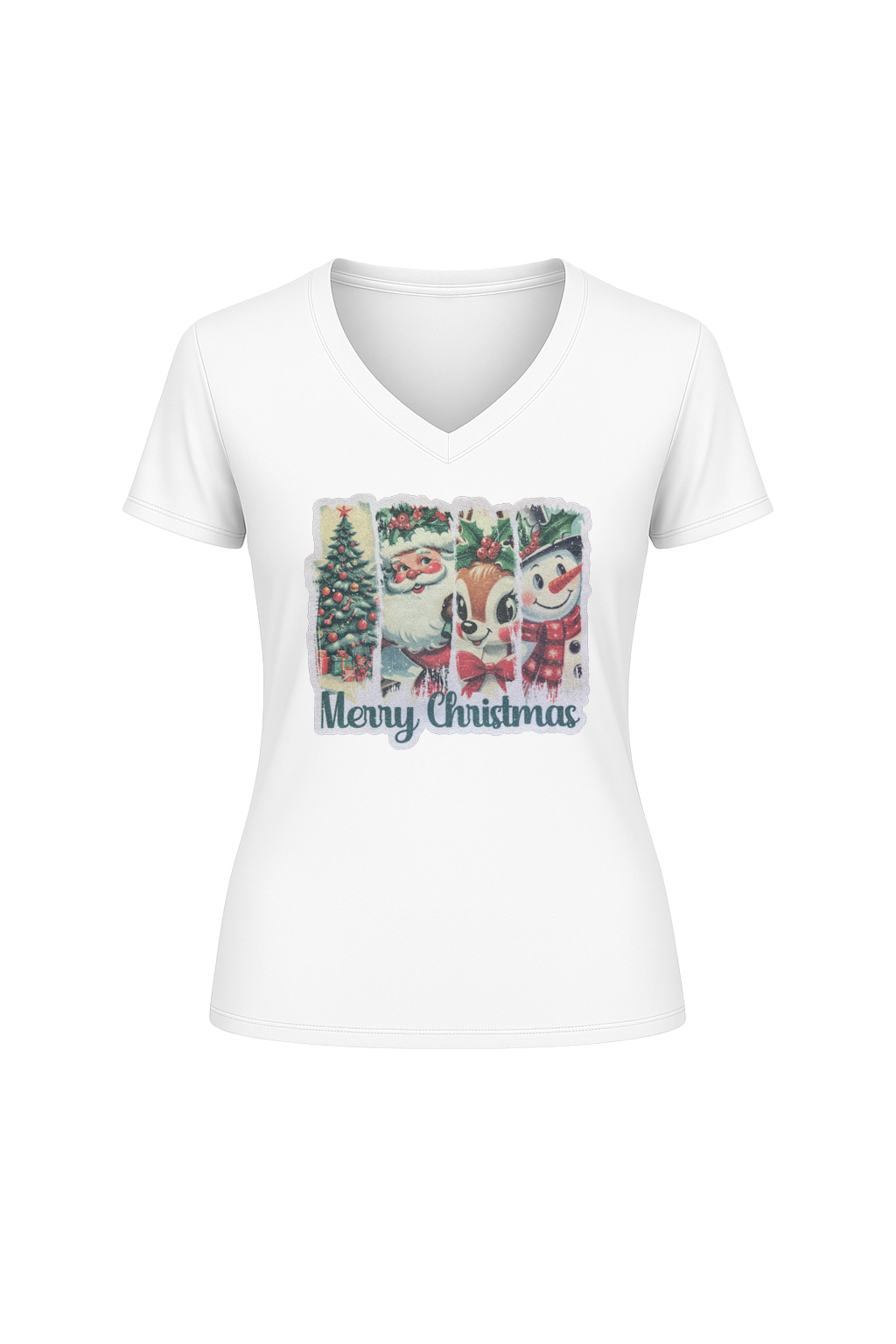 Glitter Christmas Collage Short Sleeve V-Neck Tee