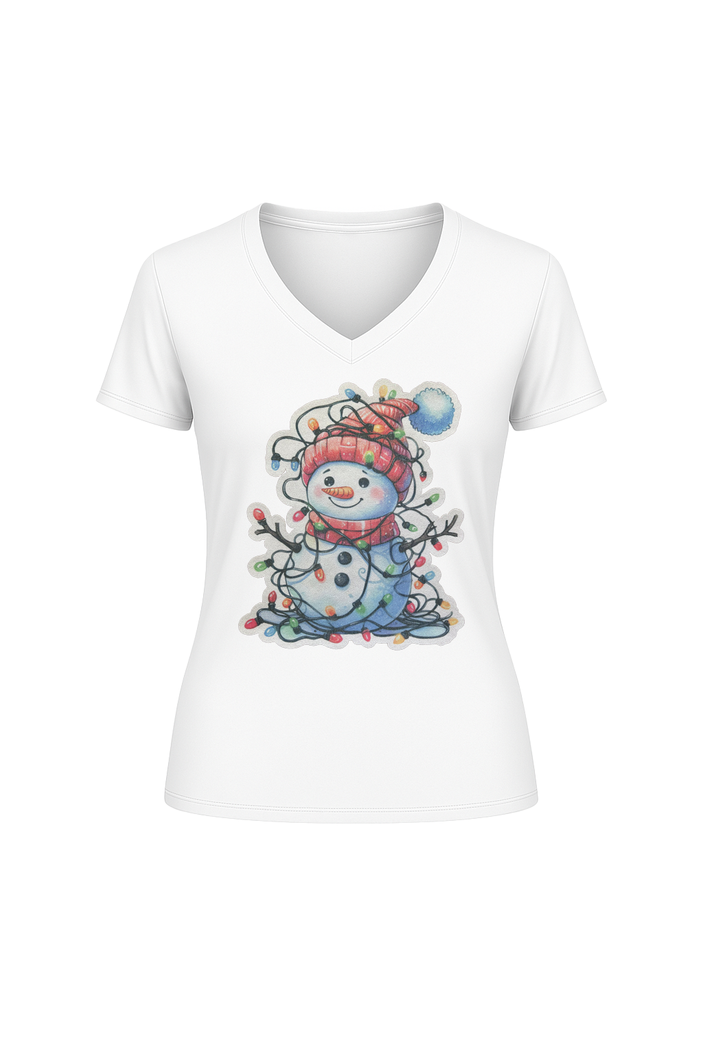 Glitter Tangled Snowman Short Sleeve V-Neck Tee