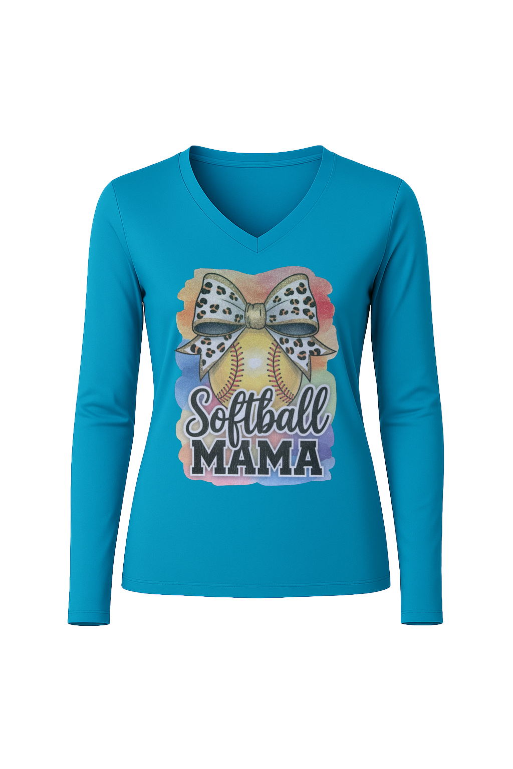 Glitter Watercolor Softball Mama Long Sleeve V-Neck Tee