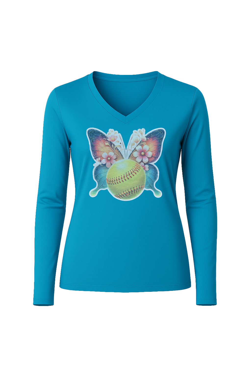 Glitter Softball Butterfly Long Sleeve V-Neck Tee