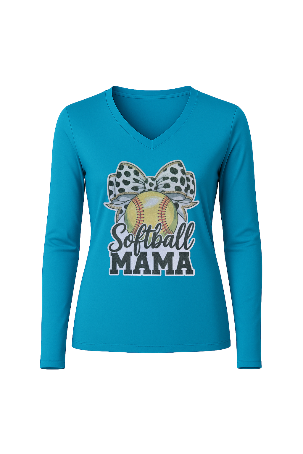 Glitter Softball Mama Bow Long Sleeve V-Neck Tee