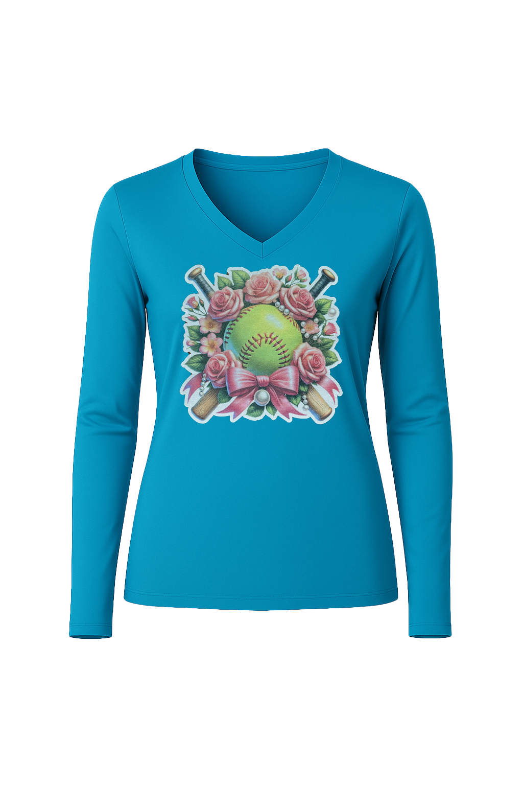 Glitter Softball Bouquet Long Sleeve V-Neck Tee