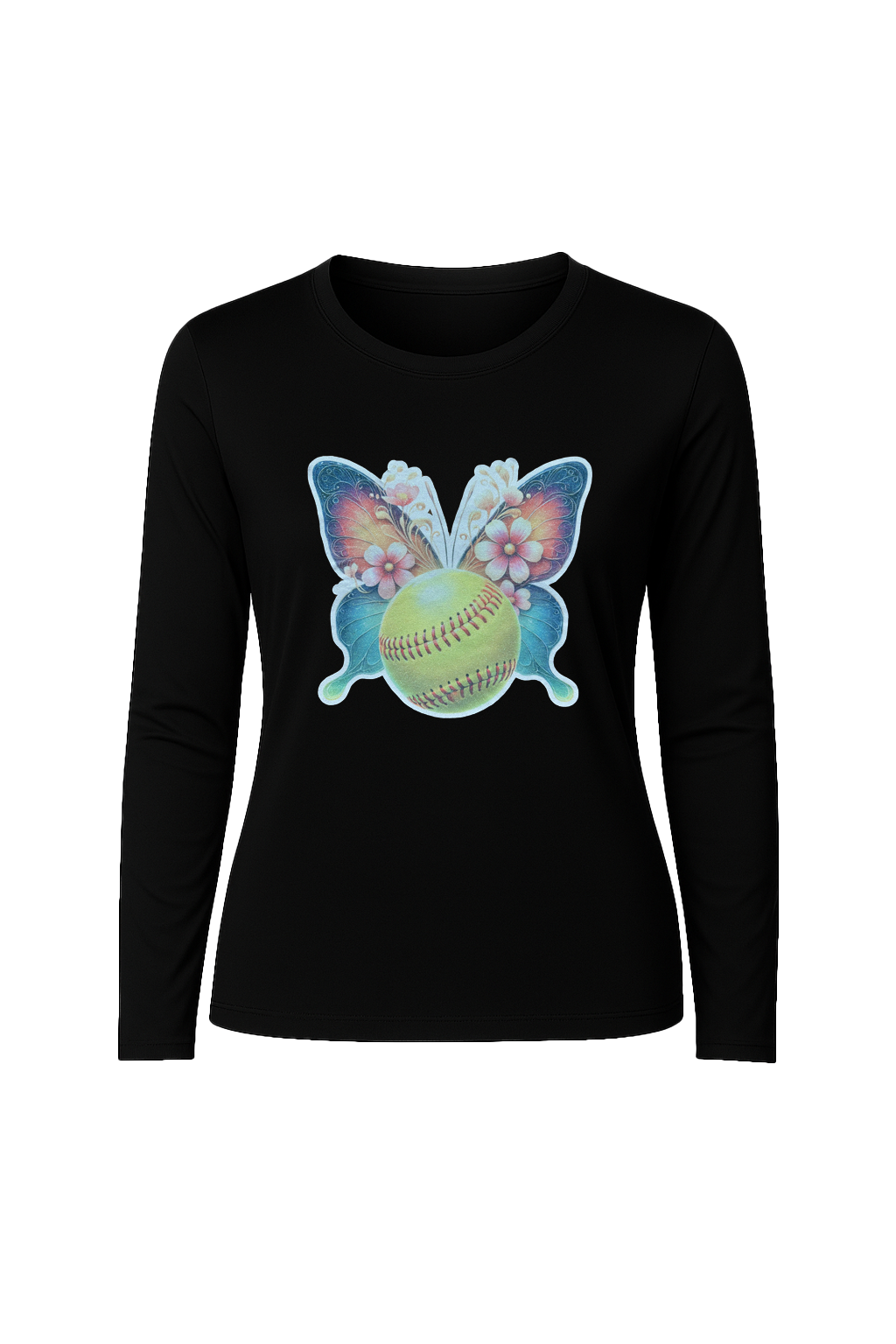 Glitter Softball Butterfly Long Sleeve Tee UPF 50