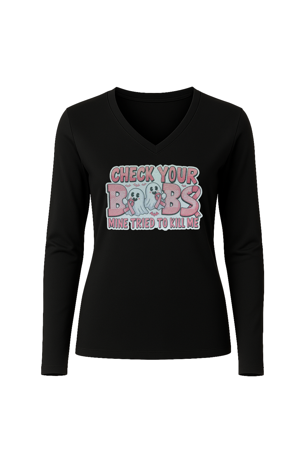 Glitter Check Your Boobs Long Sleeve V-Neck Tee