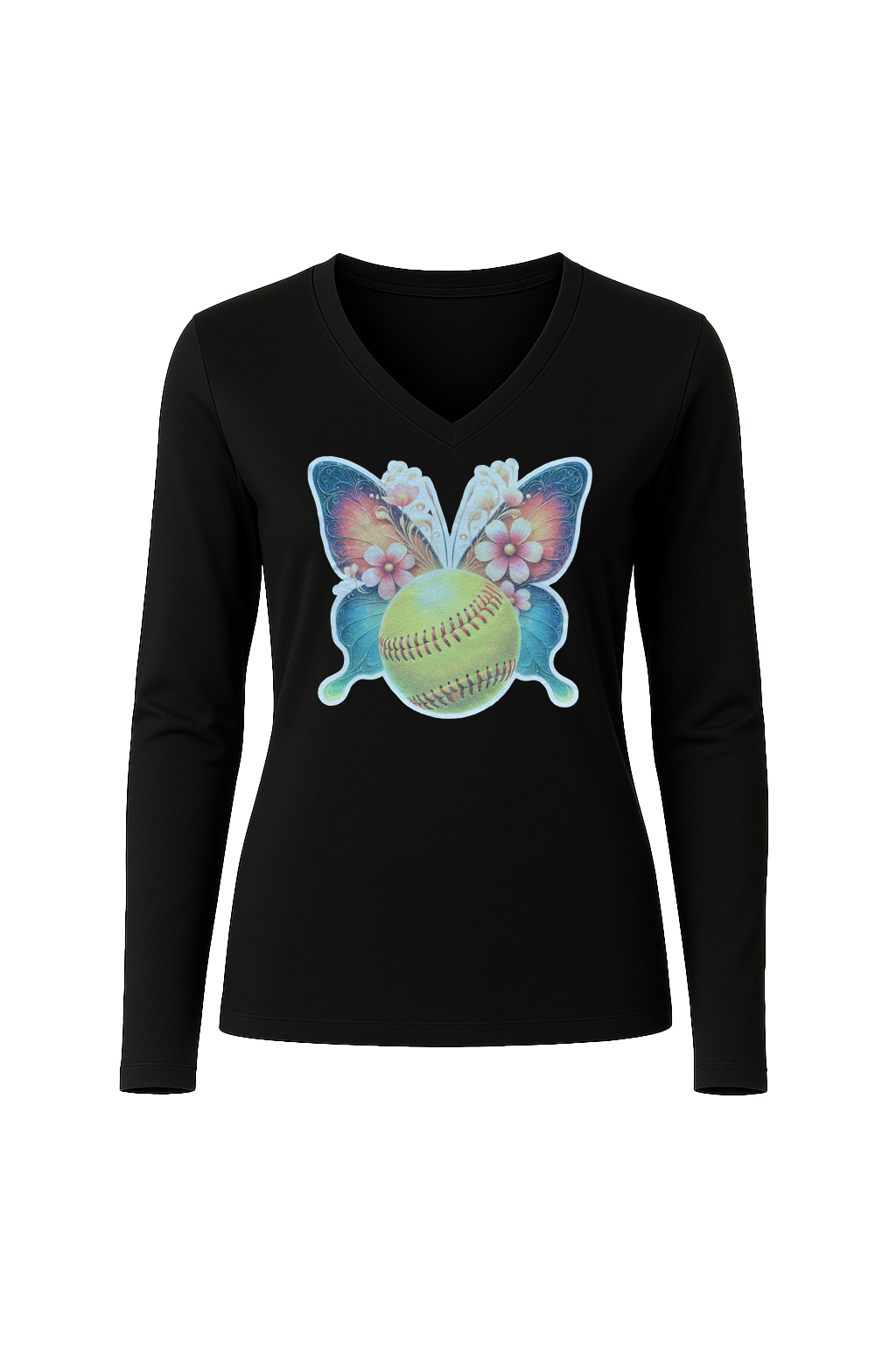 Glitter Softball Butterfly Long Sleeve V-Neck Tee