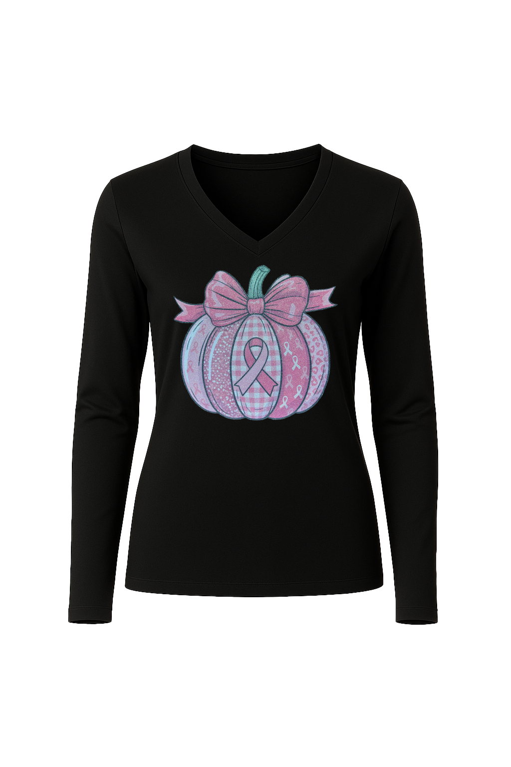 Glitter Breast Cancer Pumpkin Long Sleeve V-Neck Tee