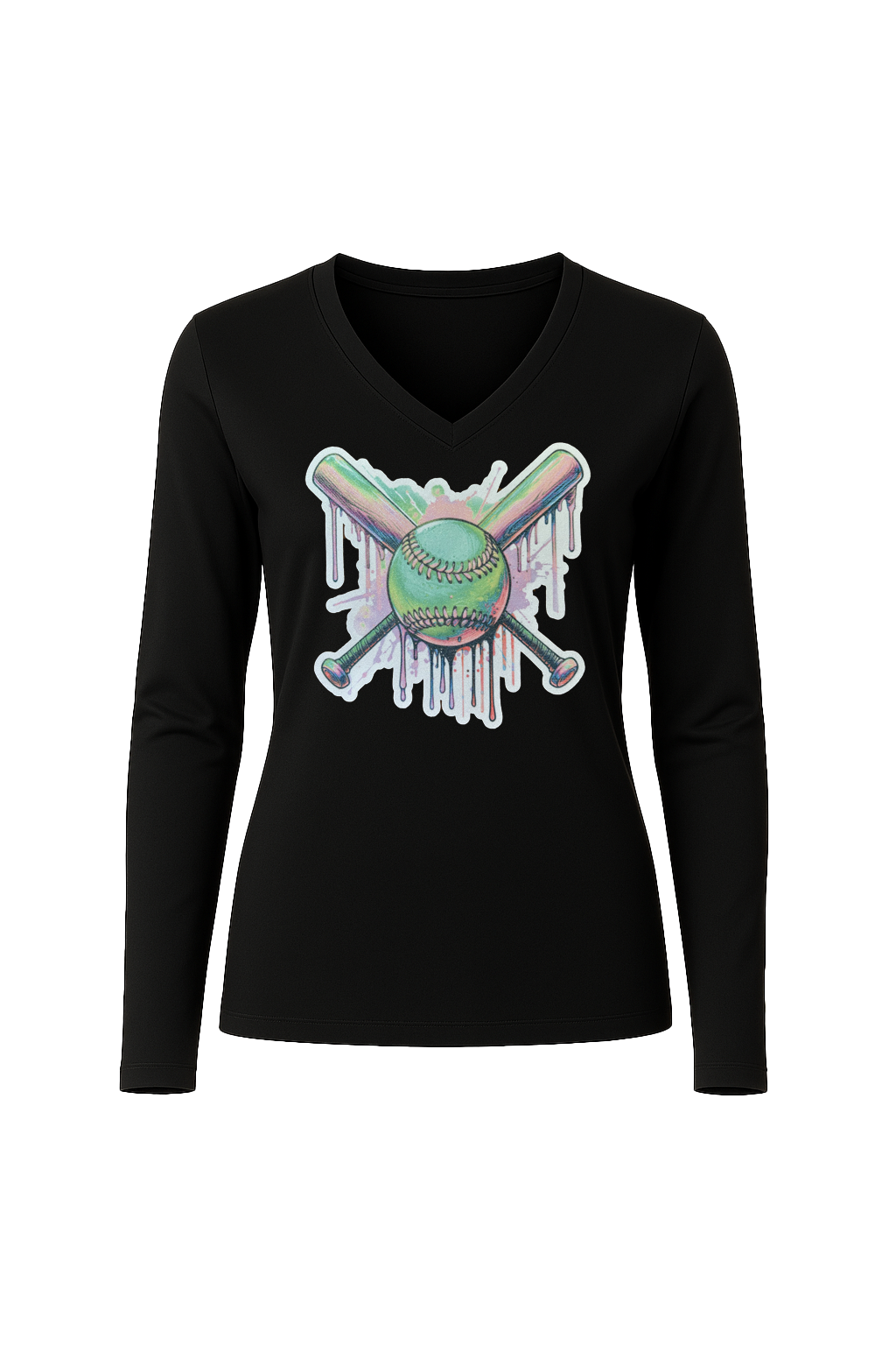 Glitter Green Drip Bats Long Sleeve V-Neck Tee