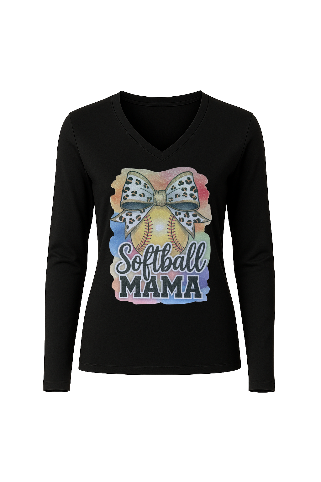 Glitter Watercolor Softball Mama Long Sleeve V-Neck Tee