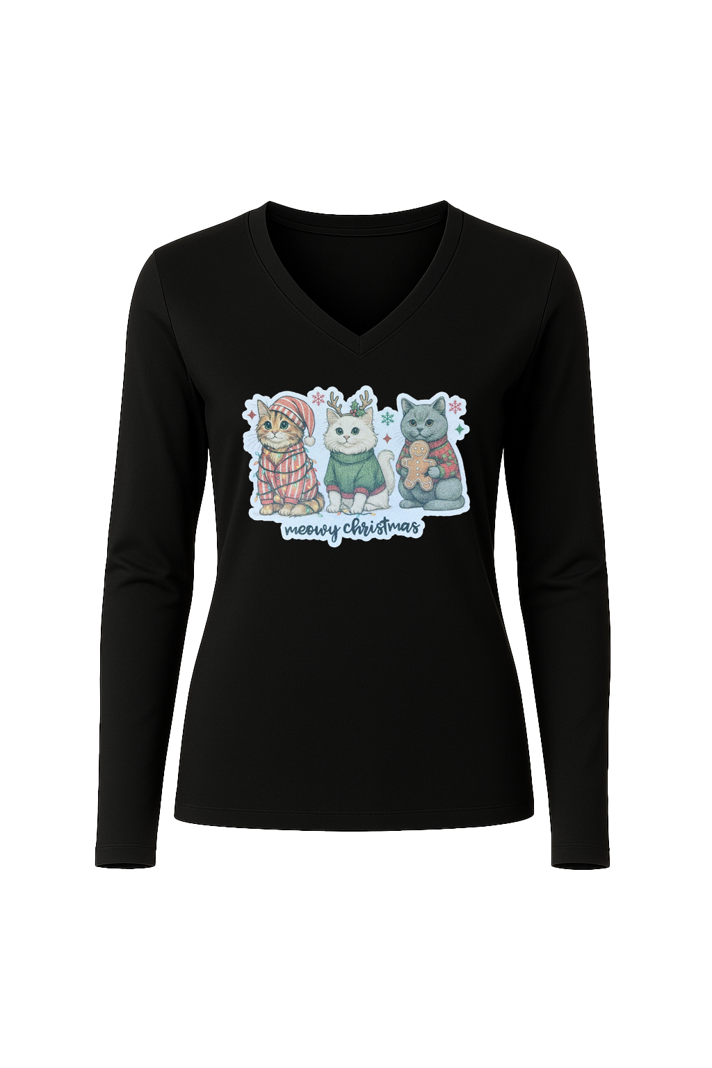 Glitter Christmas Cats Long Sleeve V-Neck Tee