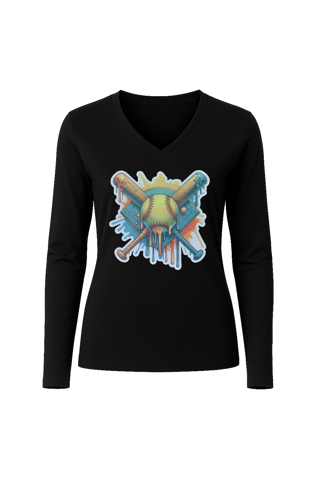 Glitter Teal Shield Long Sleeve V-Neck Tee