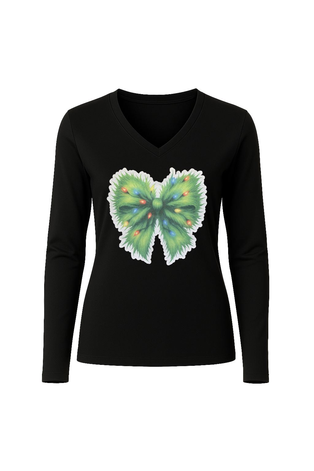 Glitter Evergreen Bow Long Sleeve V-Neck Tee