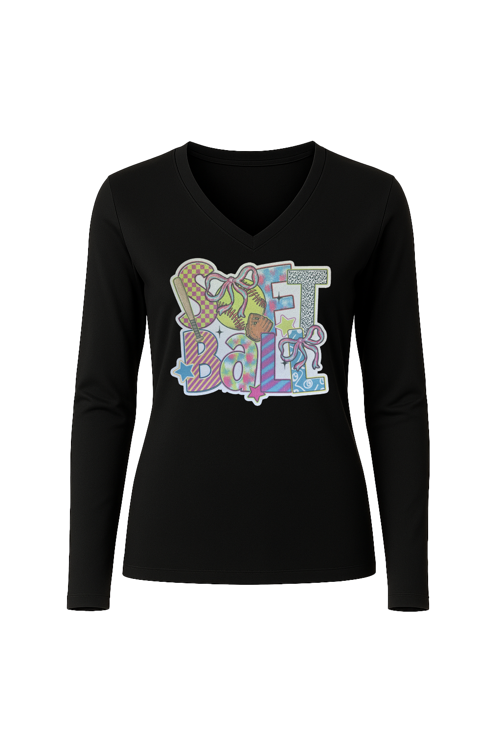 Glitter Softball Collage Long Sleeve V-Neck Tee