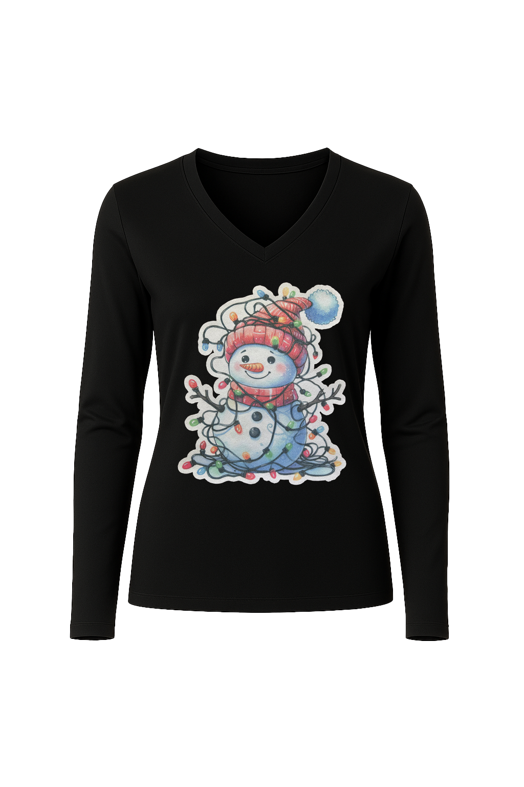 Glitter Tangled Snowman Long Sleeve V-Neck Tee