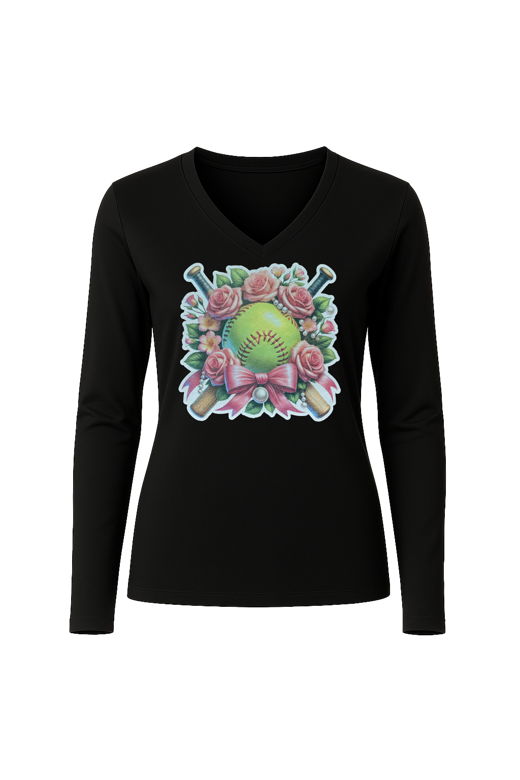 Glitter Softball Bouquet Long Sleeve V-Neck Tee