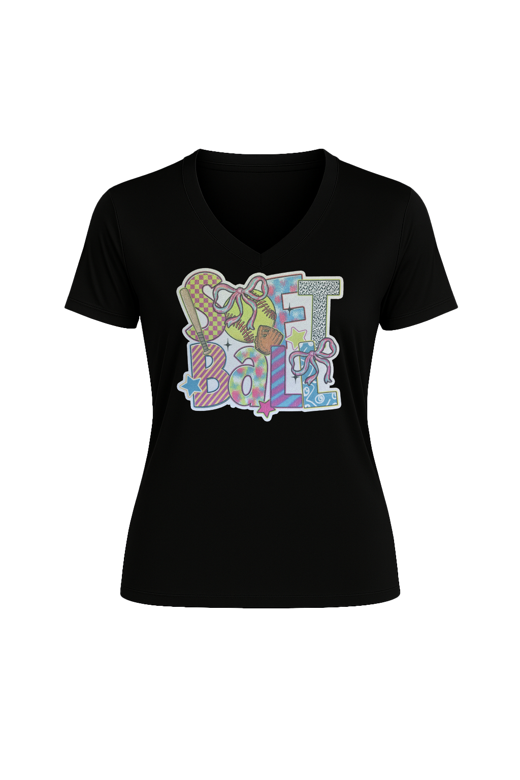 Glitter Softball Collage Short Sleeve V-Neck Tee