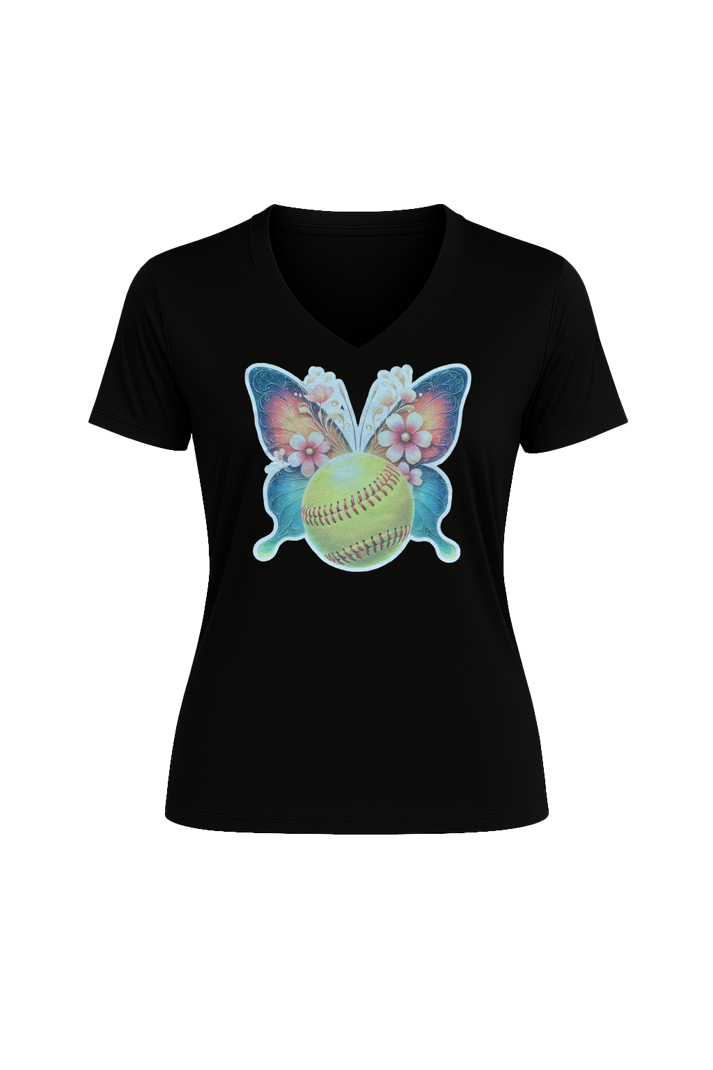 Glitter Softball Butterfly Short Sleeve V-Neck Tee