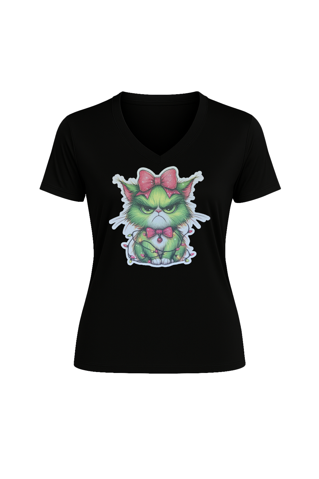 Glitter Grumpy Green Cat Short Sleeve V-Neck Tee