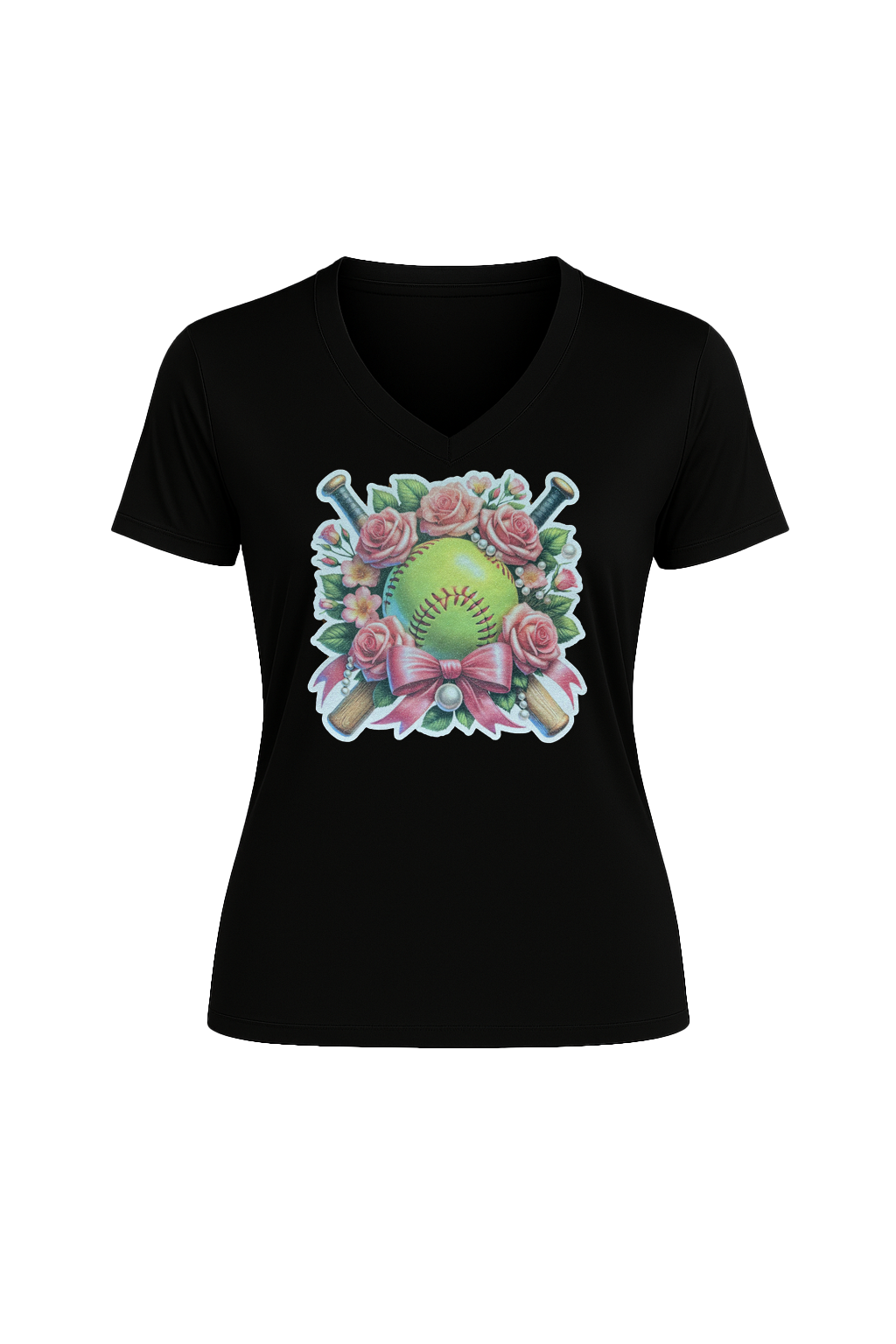 Glitter Softball Bouquet Short Sleeve V-Neck Tee