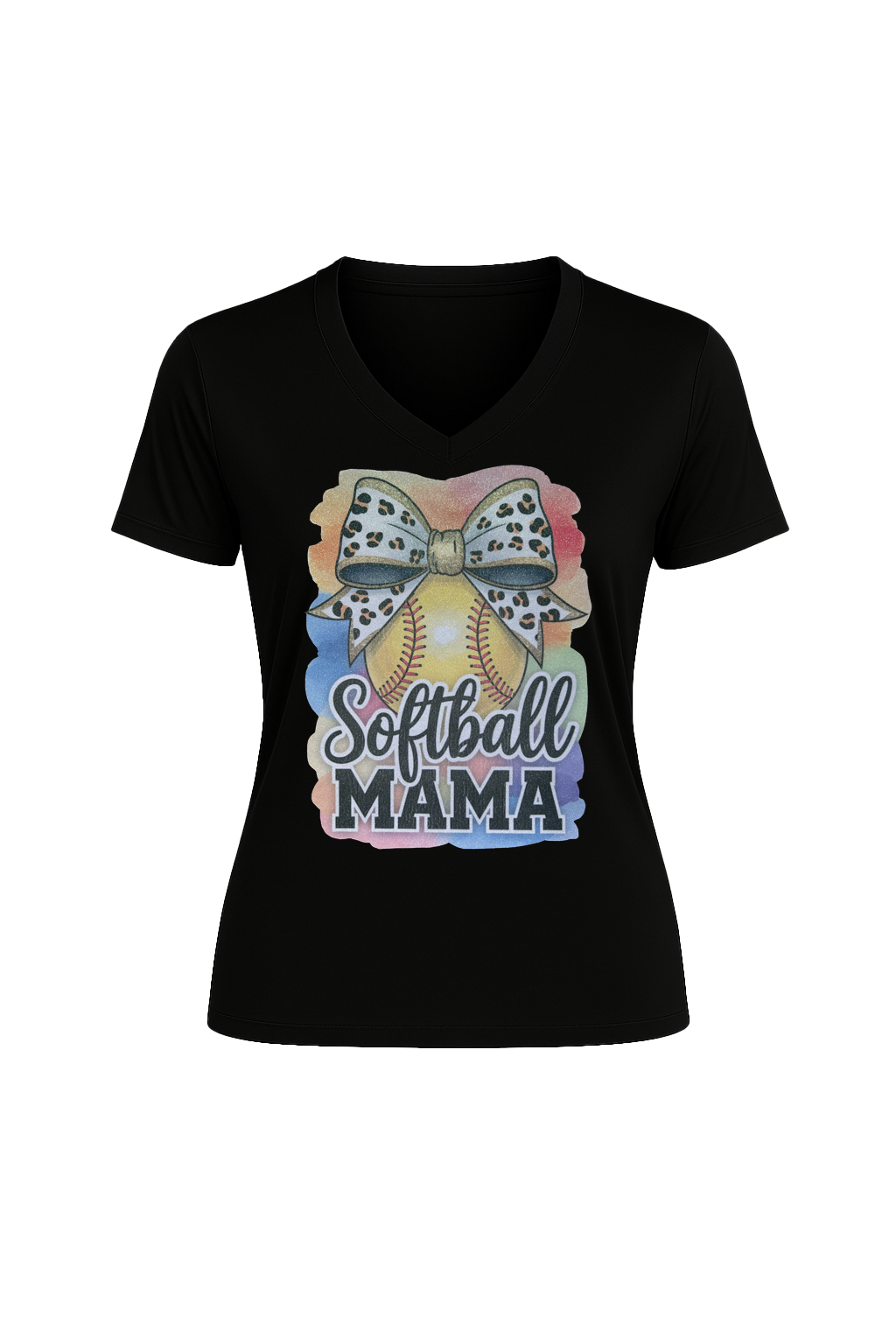 Glitter Watercolor Softball Mama Short Sleeve V-Neck Tee