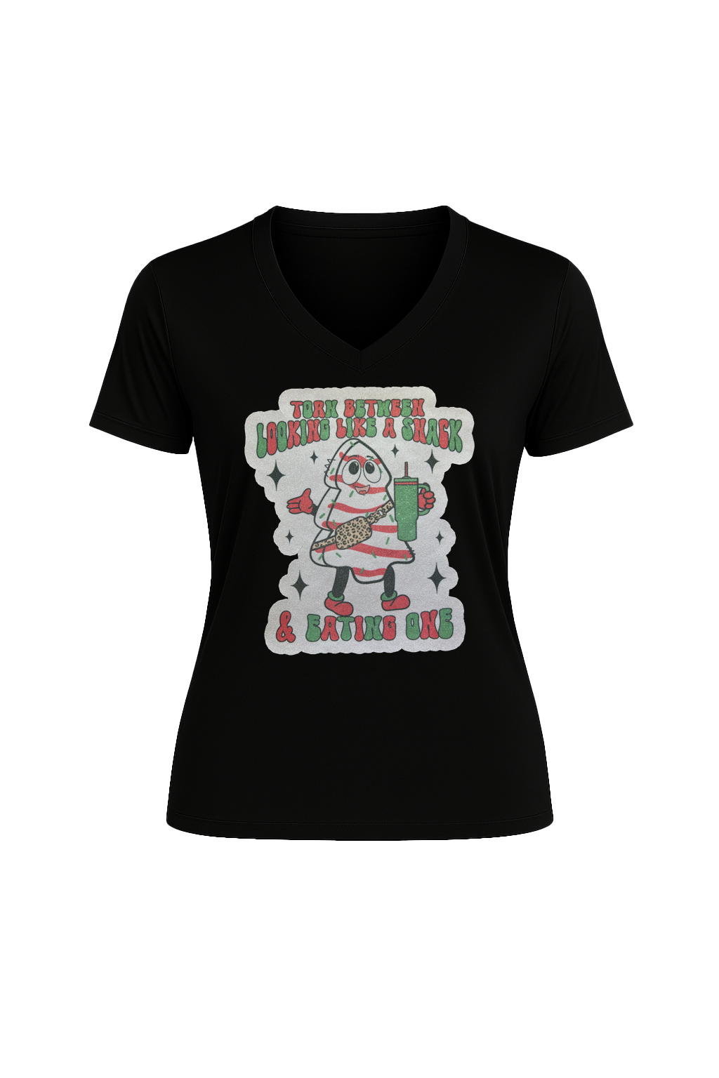 Glitter Christmas Snack Short Sleeve V-Neck Tee