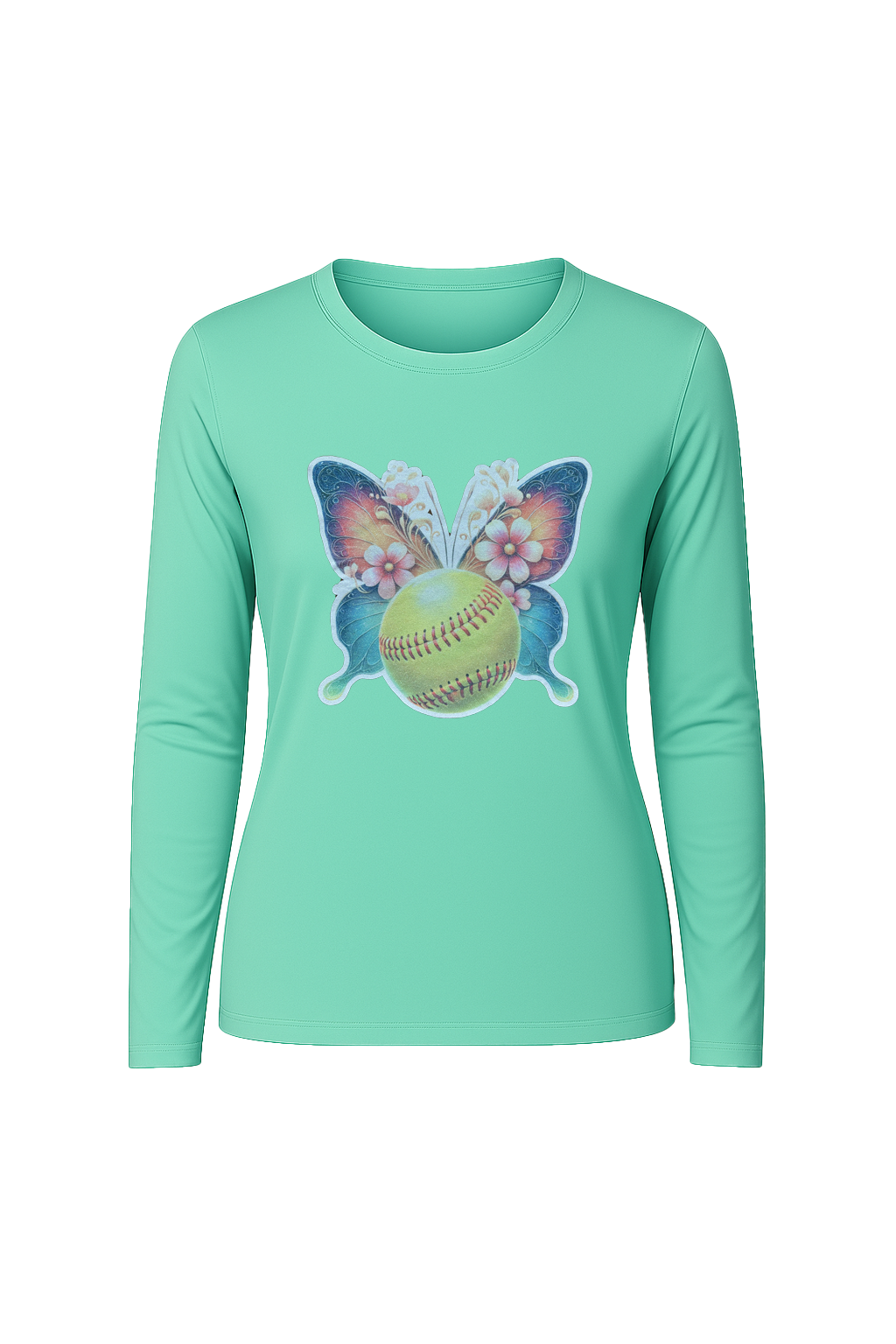 Glitter Softball Butterfly Long Sleeve Tee UPF 50