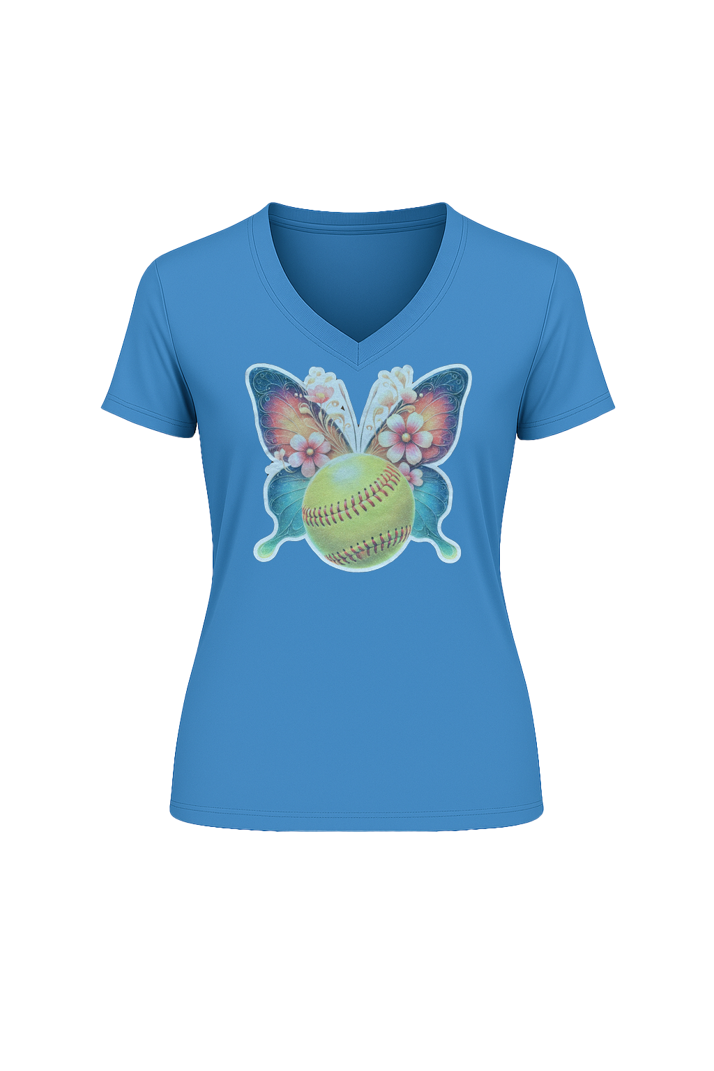 Glitter Softball Butterfly Short Sleeve V-Neck Tee