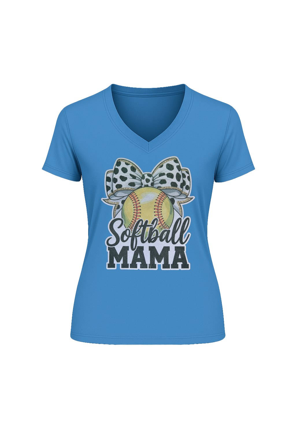 Glitter Softball Mama Bow Short Sleeve V-Neck Tee