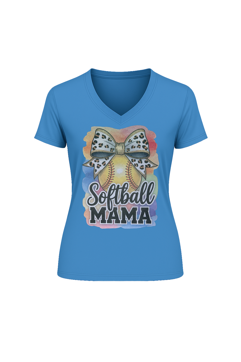 Glitter Watercolor Softball Mama Short Sleeve V-Neck Tee