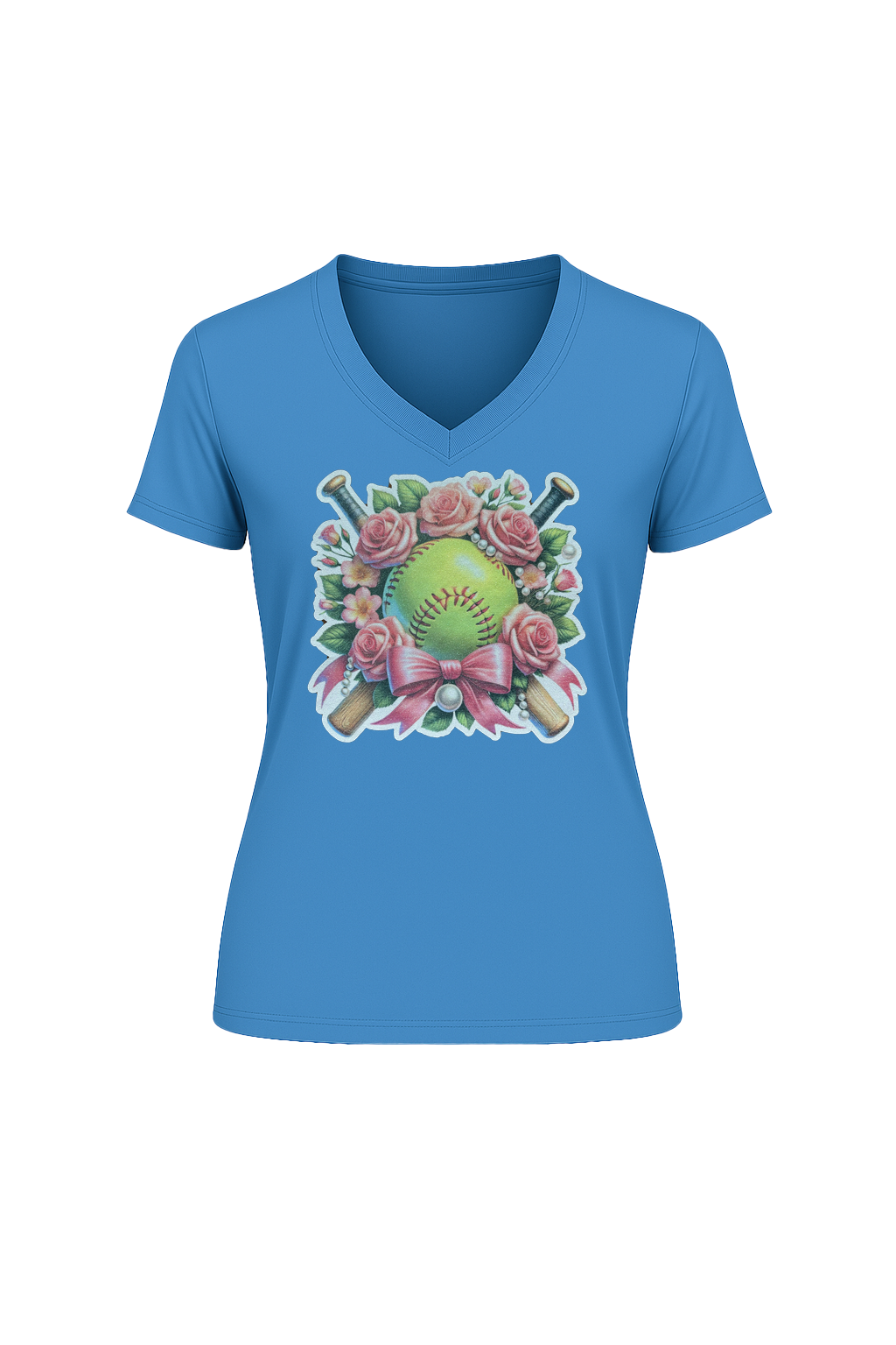 Glitter Softball Bouquet Short Sleeve V-Neck Tee