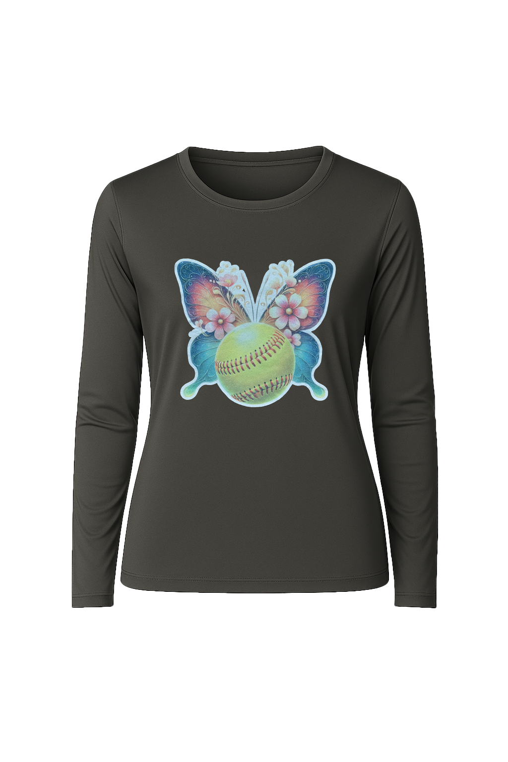 Glitter Softball Butterfly Long Sleeve Tee UPF 50