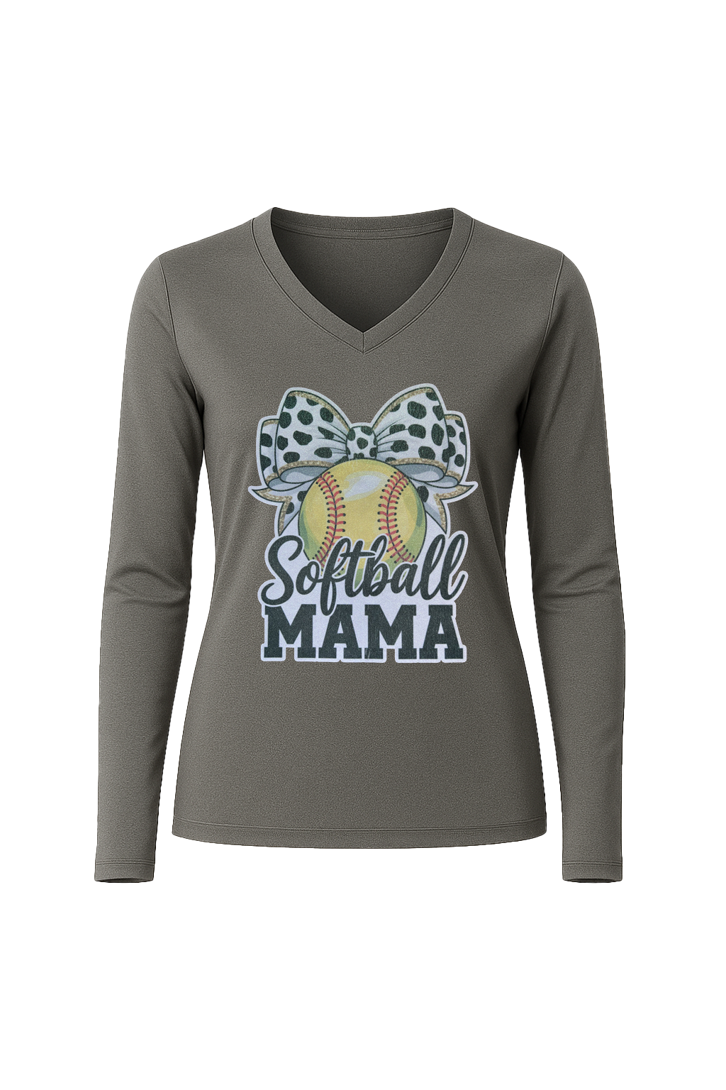 Glitter Softball Mama Bow Long Sleeve V-Neck Tee