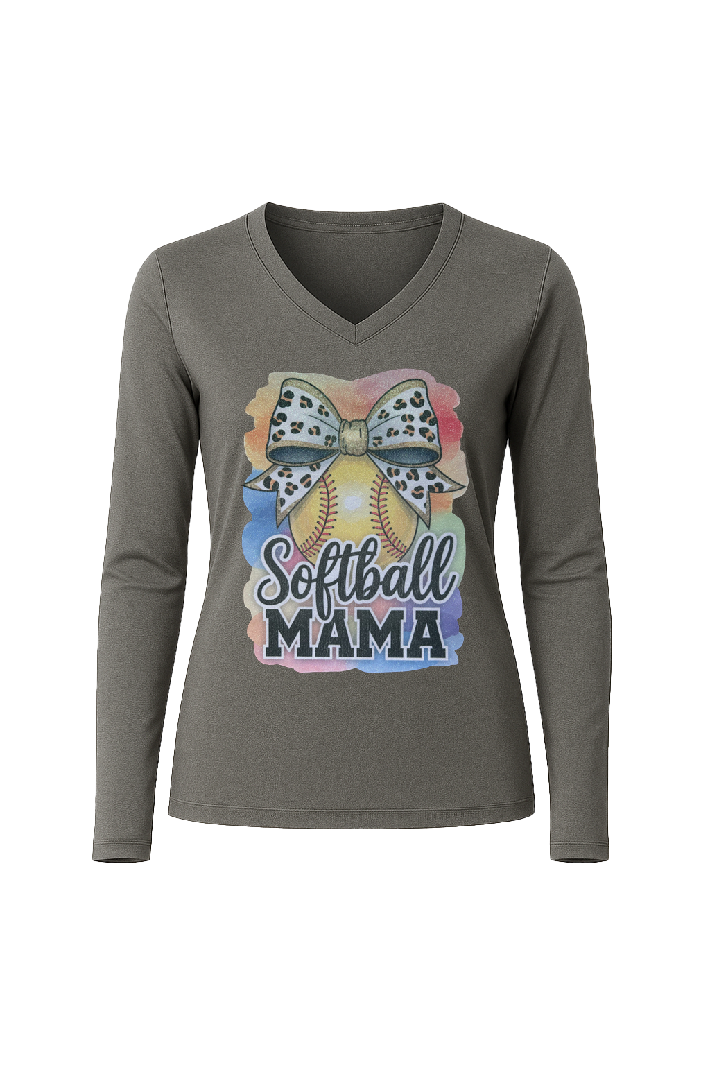 Glitter Watercolor Softball Mama Long Sleeve V-Neck Tee