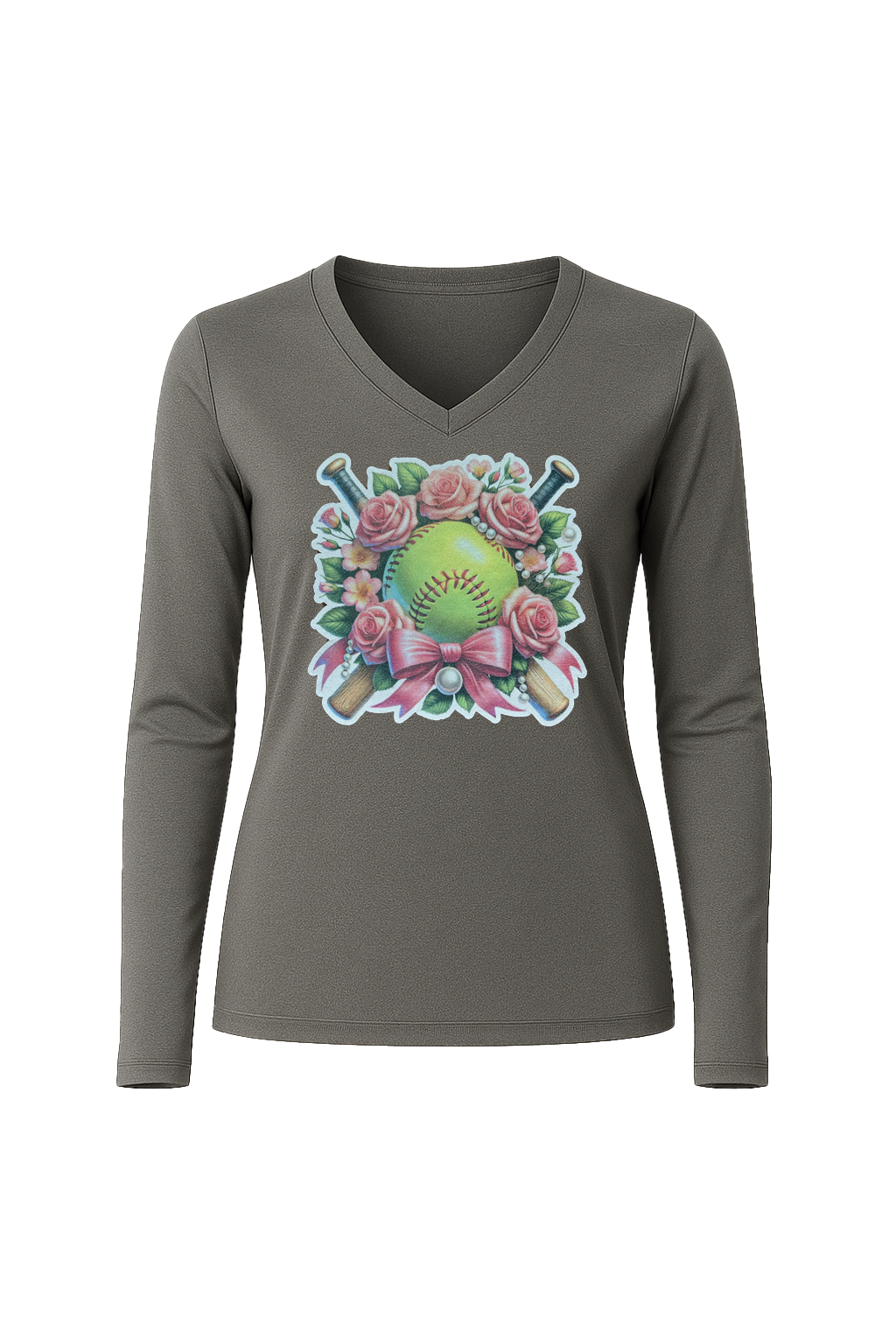Glitter Softball Bouquet Long Sleeve V-Neck Tee