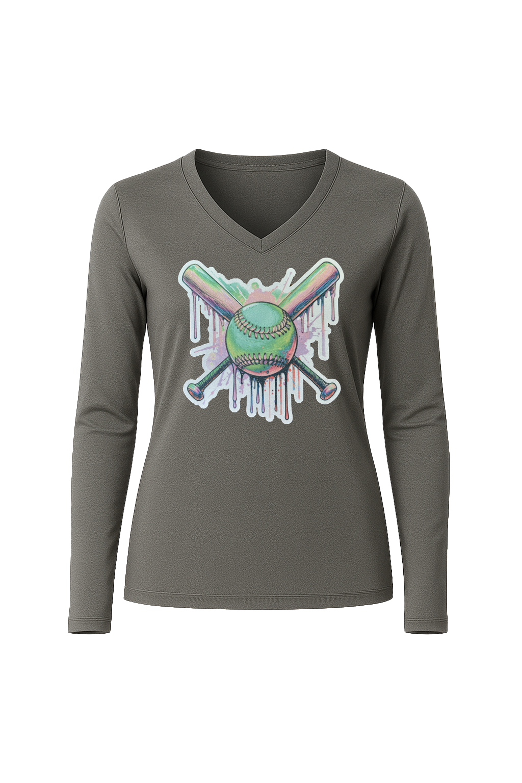 Glitter Green Drip Bats Long Sleeve V-Neck Tee