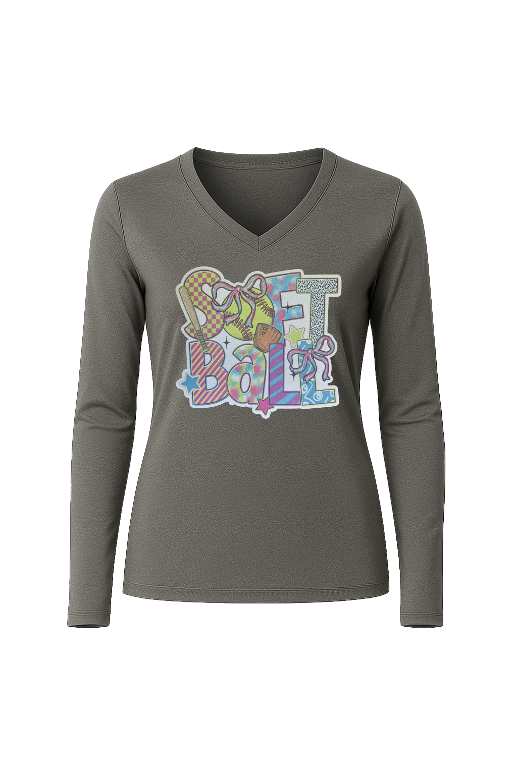 Glitter Softball Collage Long Sleeve V-Neck Tee