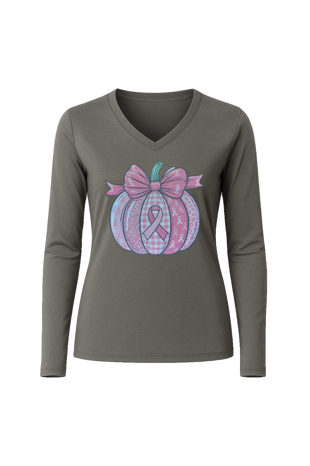Glitter Breast Cancer Pumpkin Long Sleeve V-Neck Tee
