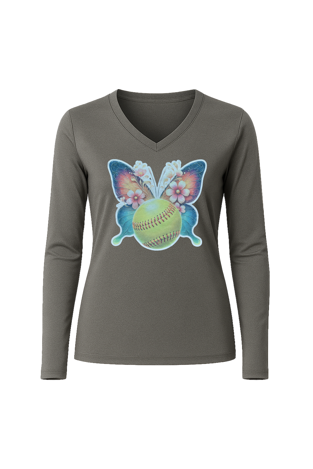 Glitter Softball Butterfly Long Sleeve V-Neck Tee