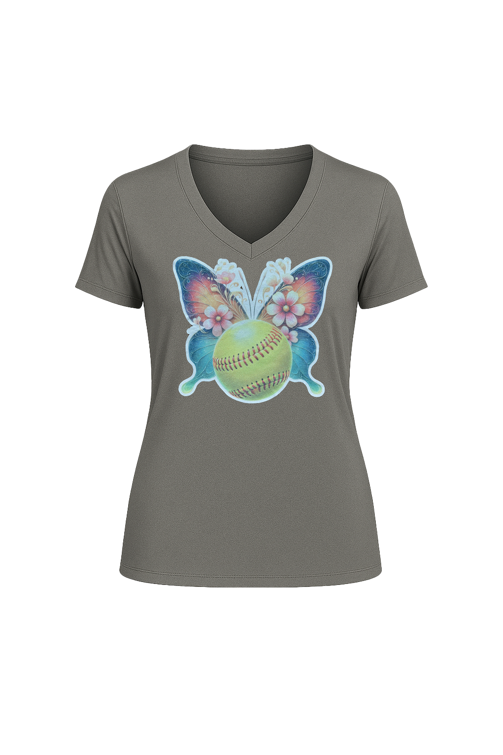 Glitter Softball Butterfly Short Sleeve V-Neck Tee