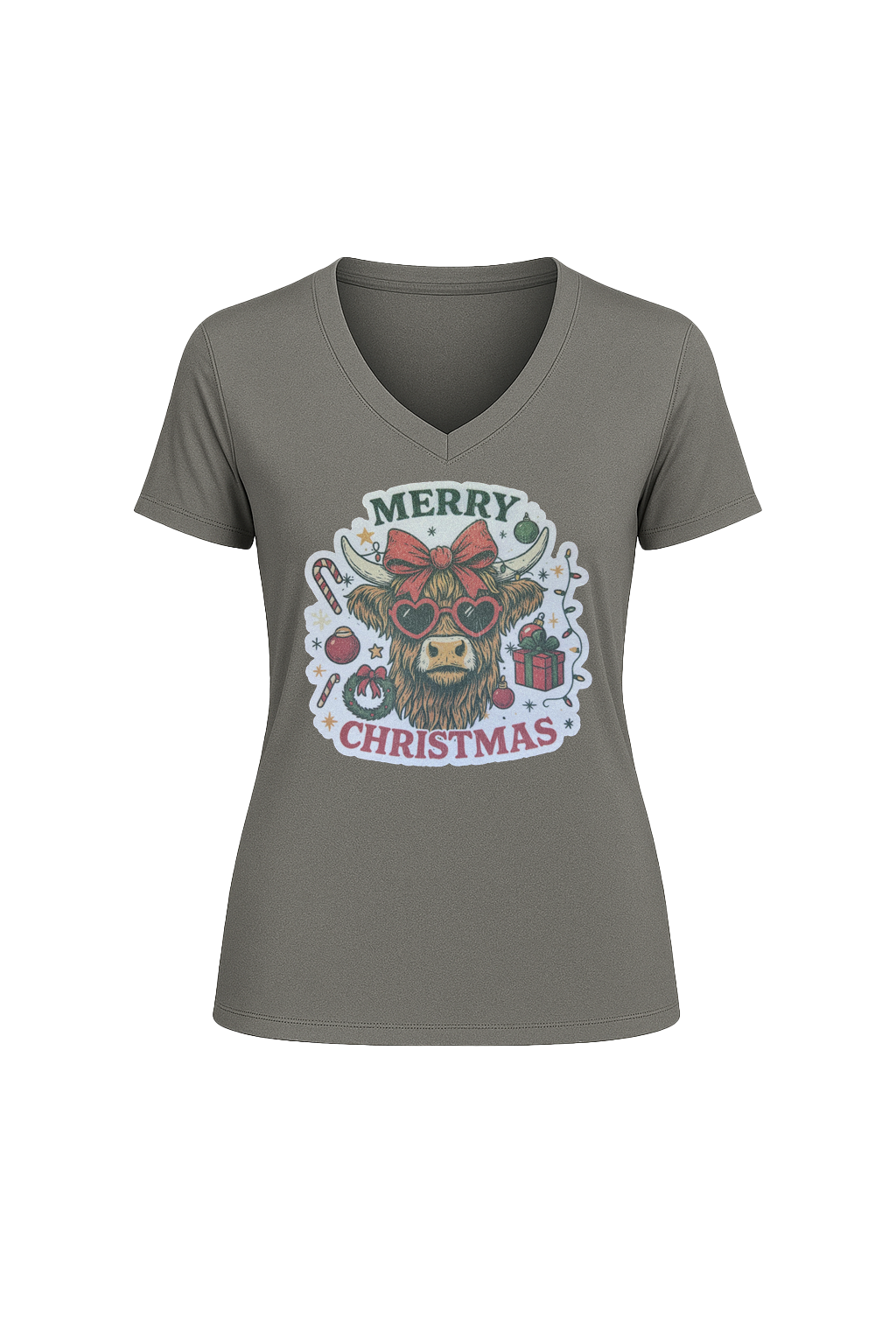 Glitter Christmas Cow Short Sleeve V-Neck Tee