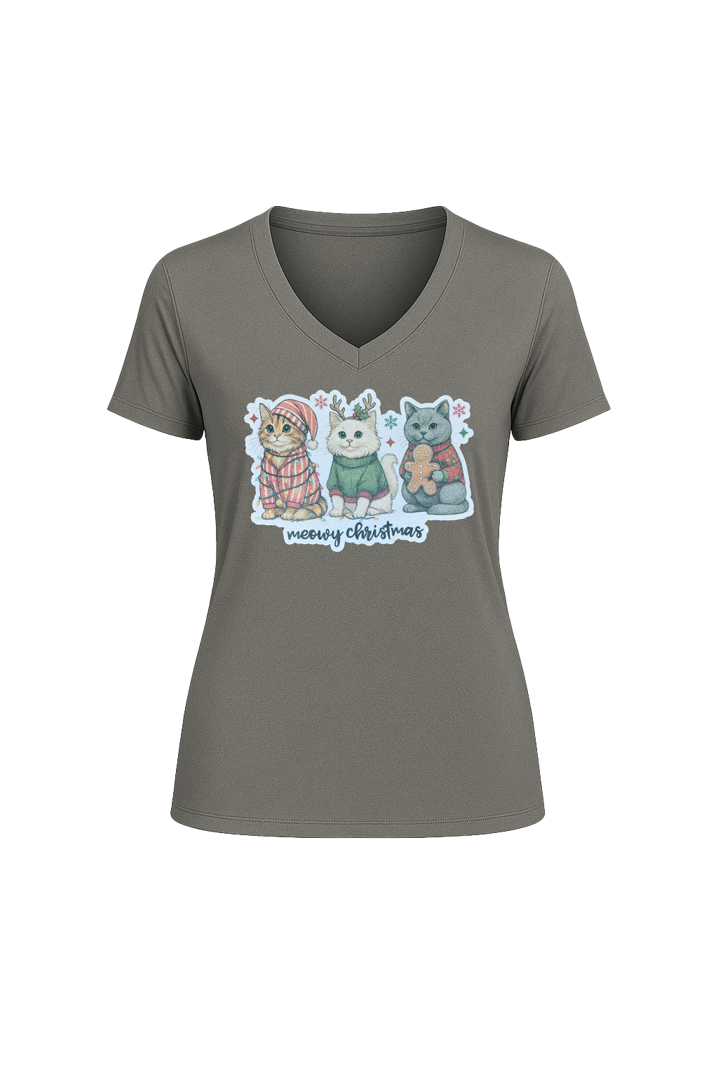 Glitter Christmas Cats Short Sleeve V-Neck Tee