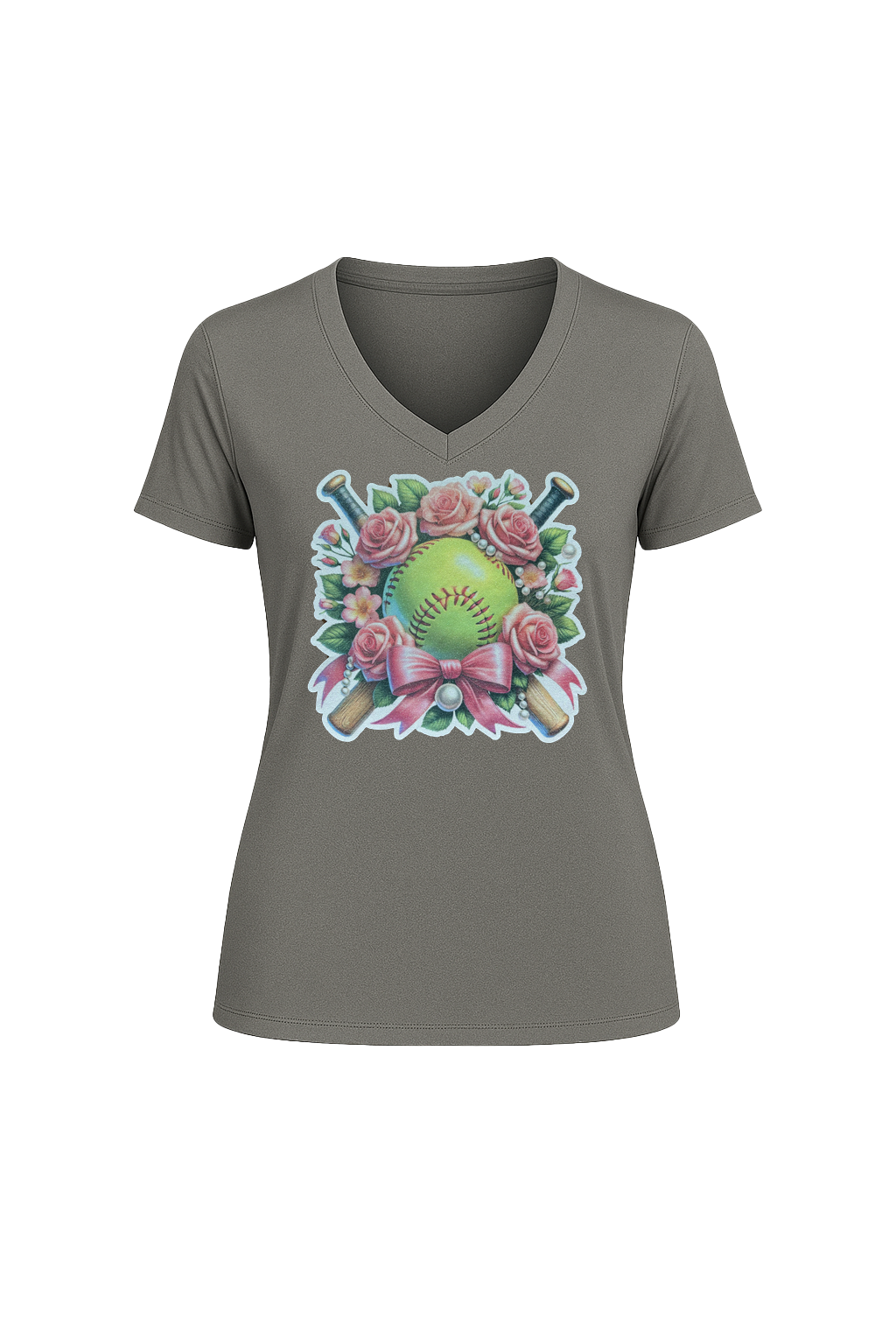 Glitter Softball Bouquet Short Sleeve V-Neck Tee