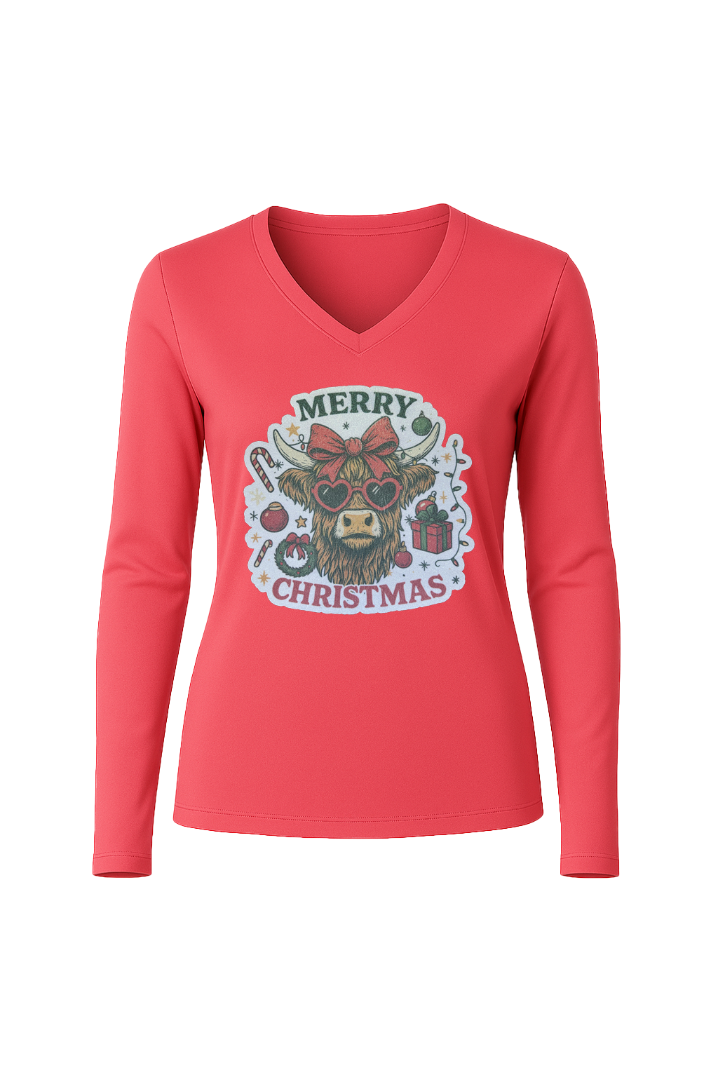 Glitter Christmas Cow Long Sleeve V-Neck Tee