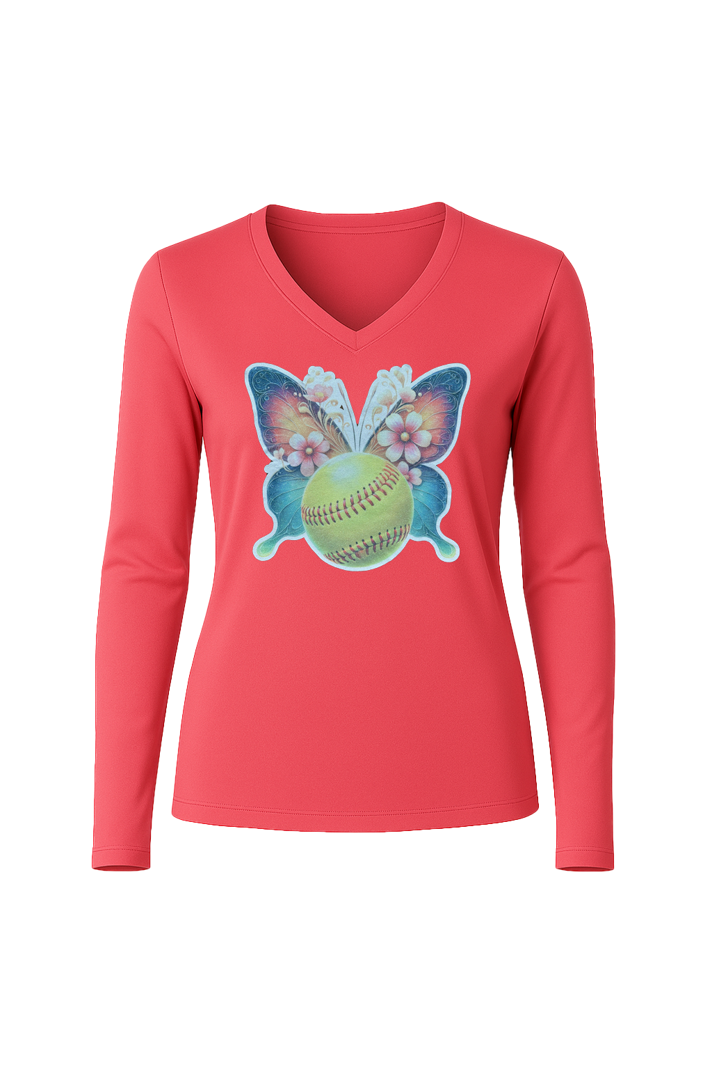 Glitter Softball Butterfly Long Sleeve V-Neck Tee