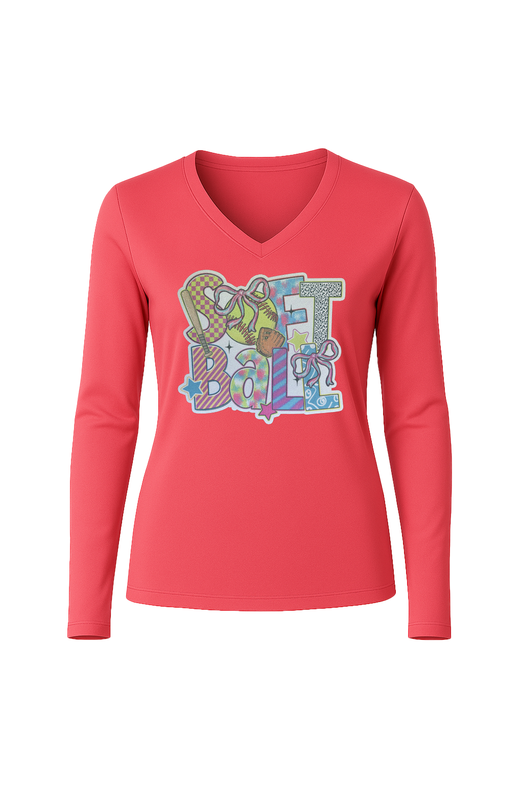 Glitter Softball Collage Long Sleeve V-Neck Tee
