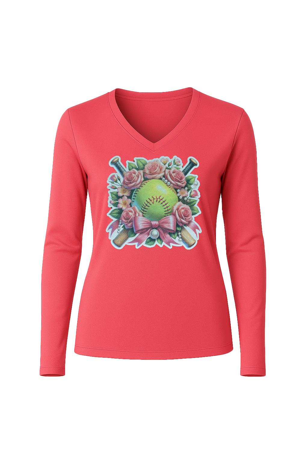 Glitter Softball Bouquet Long Sleeve V-Neck Tee