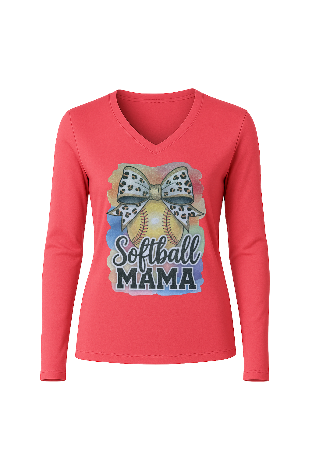 Glitter Watercolor Softball Mama Long Sleeve V-Neck Tee