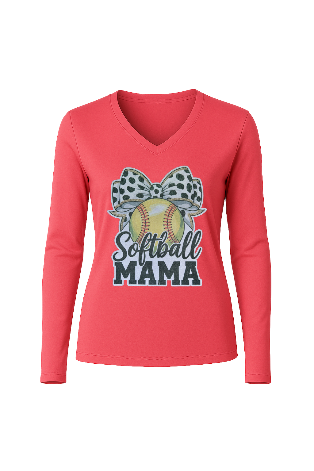 Glitter Softball Mama Bow Long Sleeve V-Neck Tee