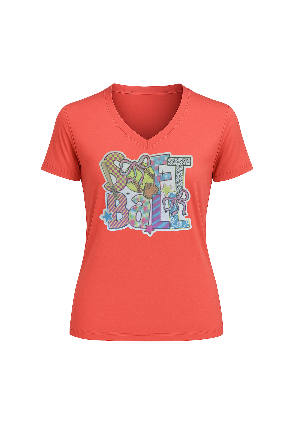 Glitter Softball Collage Short Sleeve V-Neck Tee